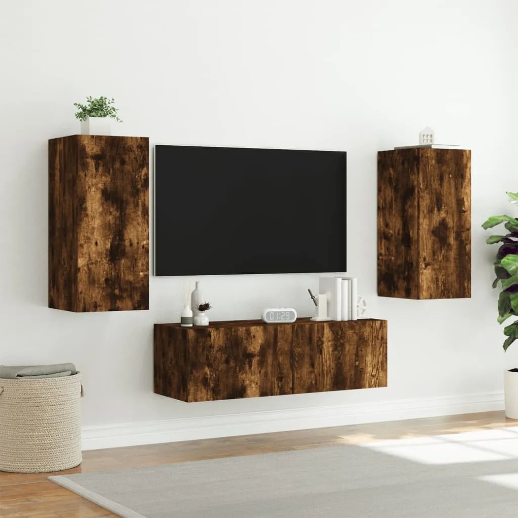 Mobili tv a muro 3pz con luci led rovere fumo