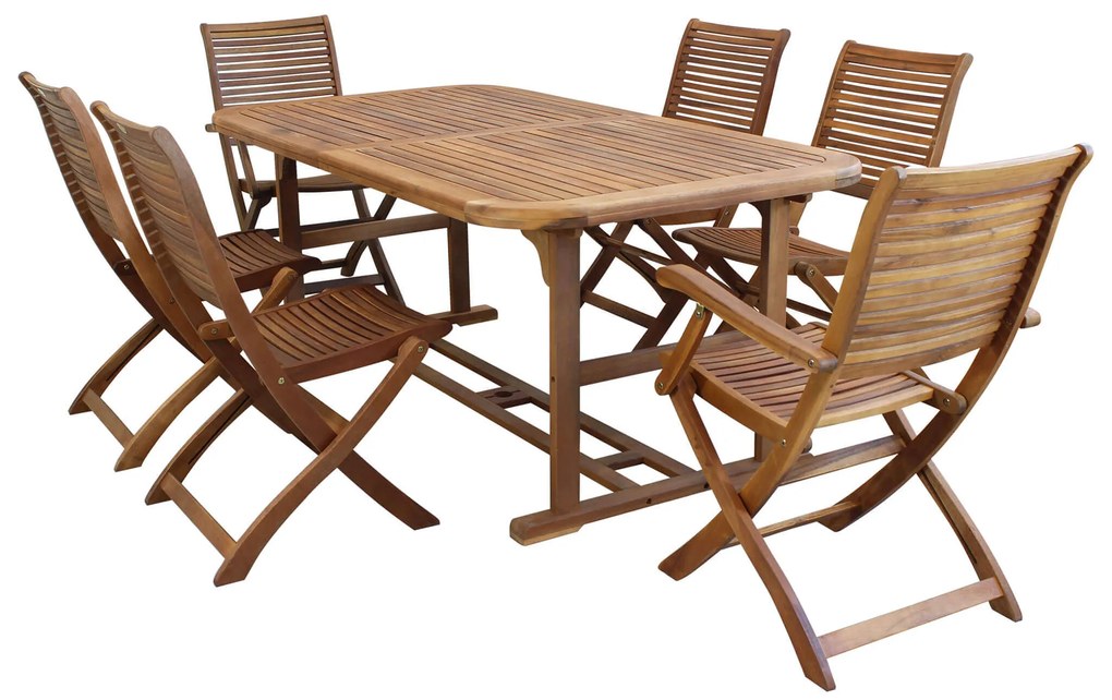 TURRIS - set tavolo in legno massiccio di acacia cm 180/240 x 100 x 74 h con 4 sedie e 2 poltrone Mulier