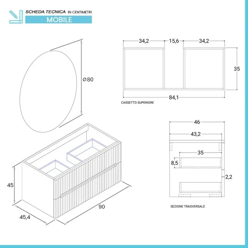 Mobile bagno sospeso cannettato 90 cm bianco opaco con specchio Bali