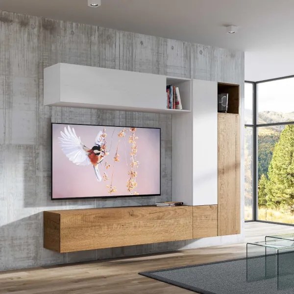 Parete attrezzata in legno sospesa moderna L254xP39,5 bianco e quercia A08