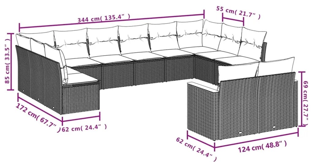 Set divani da giardino 12 pz con cuscini beige in polyrattan