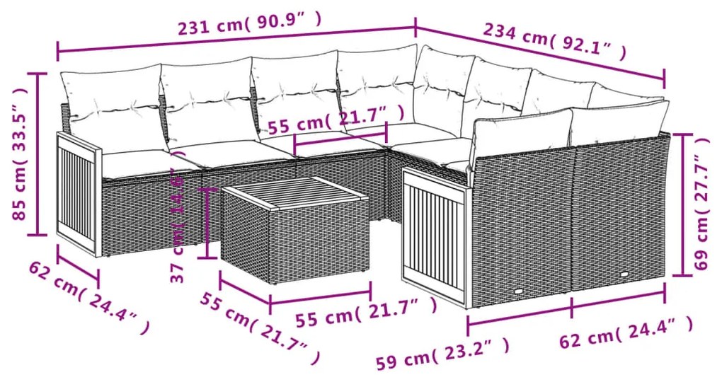 Set divani da giardino 9 pz con cuscini nero in polyrattan