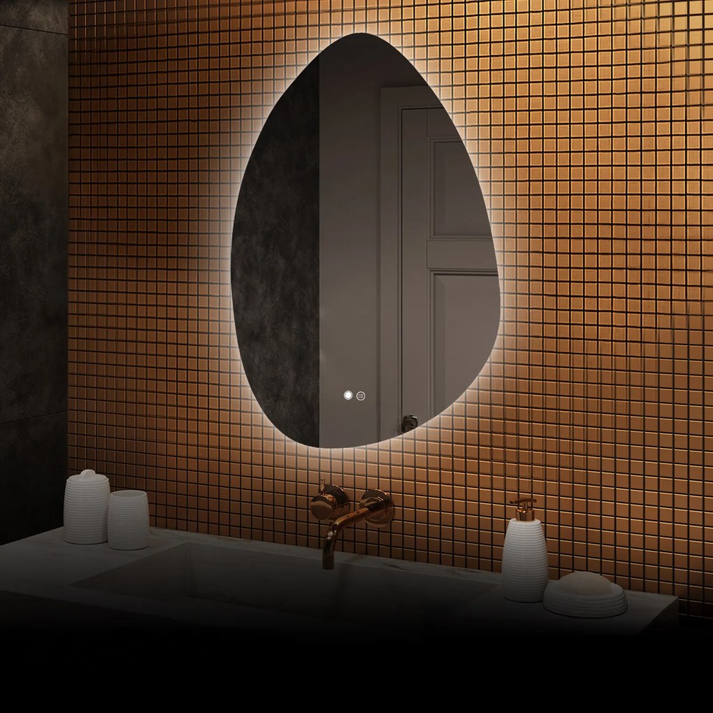 Specchio irregolare con illuminazione, 64×94 cm, bicolore, interruttore touch, tappetino riscaldante
