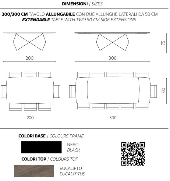 Tavolo allungabile 300 cm con base metallo Nero e piano Eucalipto WALL
