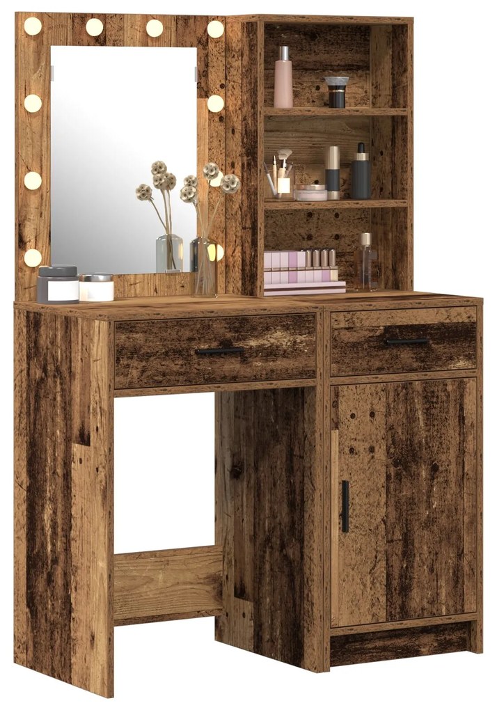 Set di 2 pezzi per toeletta con led in legno vecchio e legno ingegnerizzato