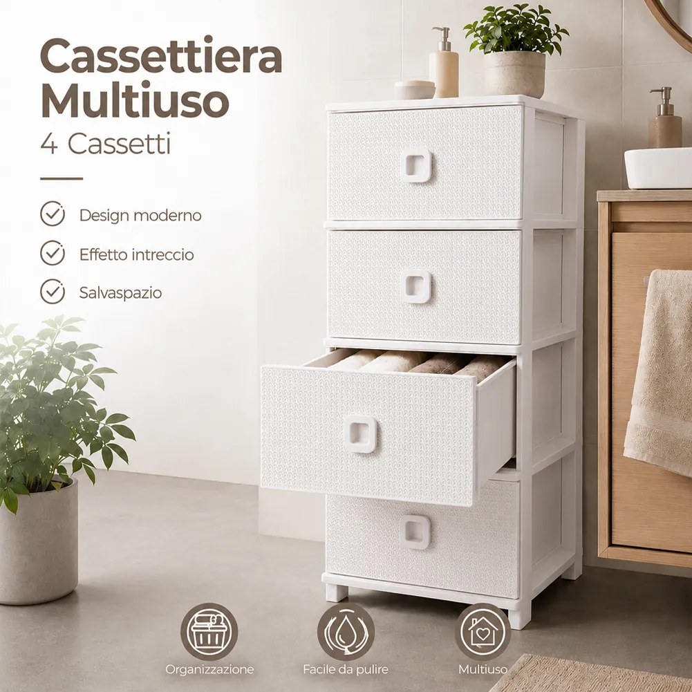 Cassettiera 37x37,5x80 cm Pratika Kool Multiuso con 4 Cassetti in Plastica Bianco...