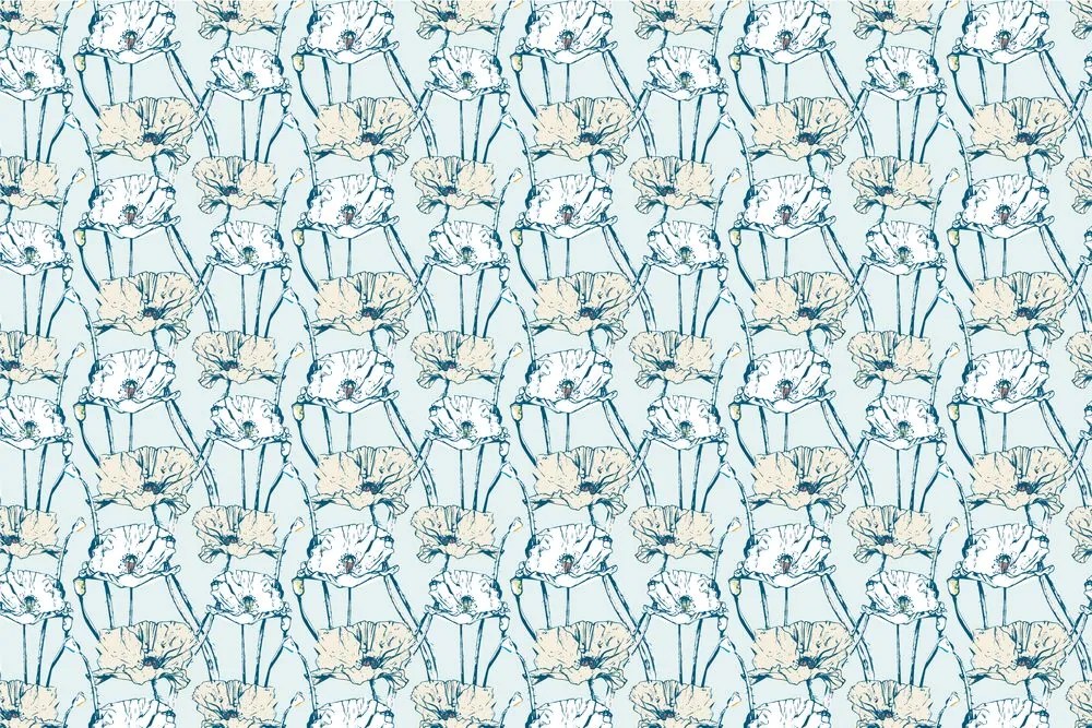 Carta da parati autoadesiva – Papaveri fioriti in blu-beige