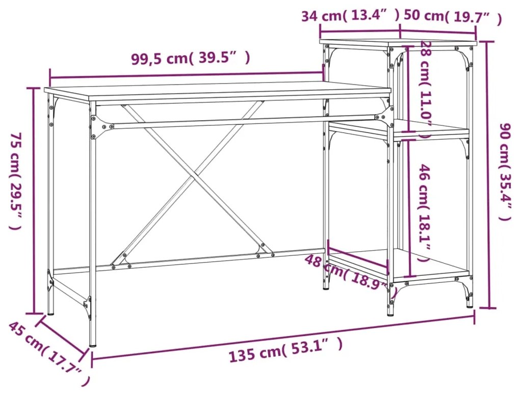 Scrivania Ripiani Rovere Fumo 135x50x90 cm Multistrato e Ferro