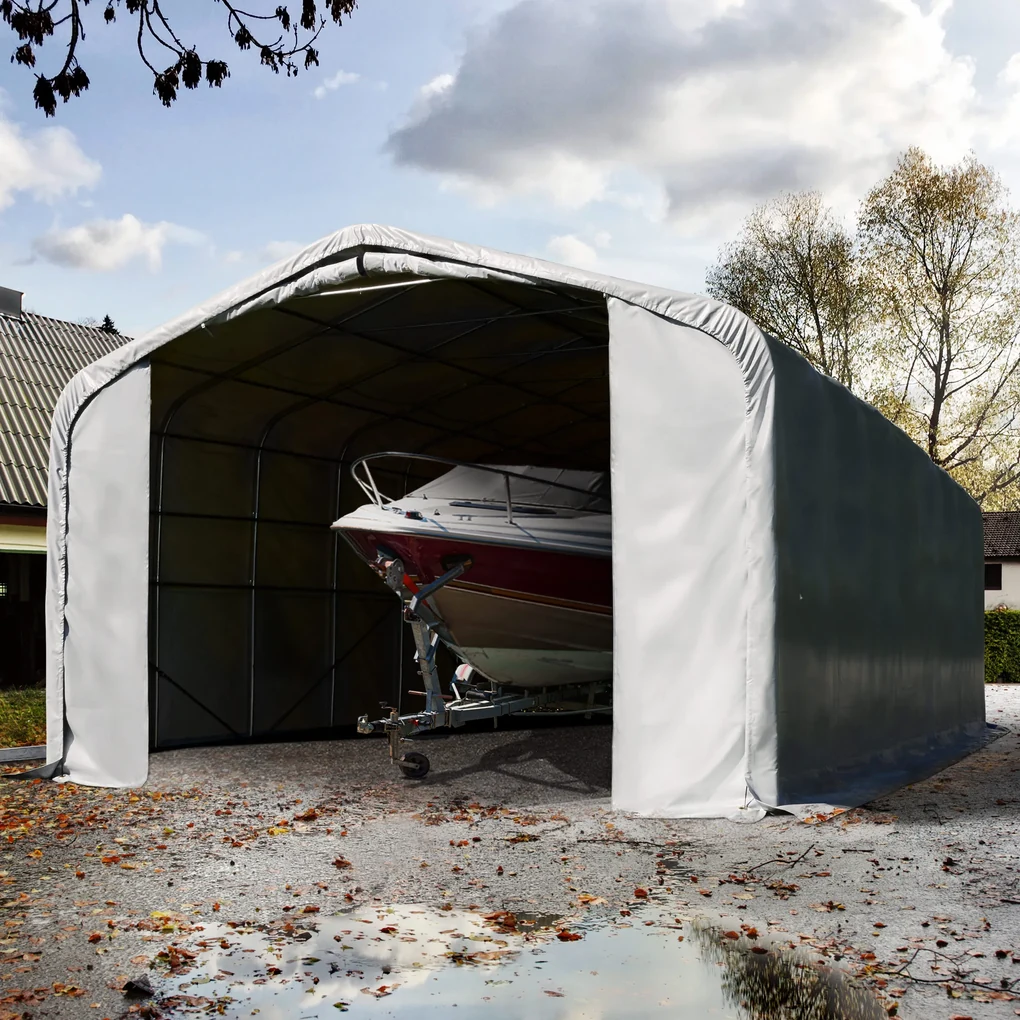 6x24m tenda garage 4m, PRIMEtex 2300, ignifugo, grigio, con statica  (sottofondo in cemento)