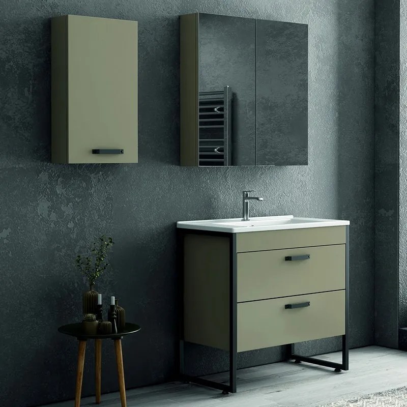Composizione bagno a terra 85cm: mobile con lavabo, specchio contenitore e pensile IKOS-85 - KAMALU
