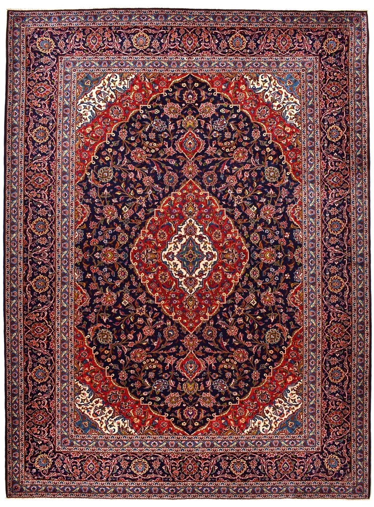 Kashan Tappeto 400x300 Blu (Iran) Annodato A Mano