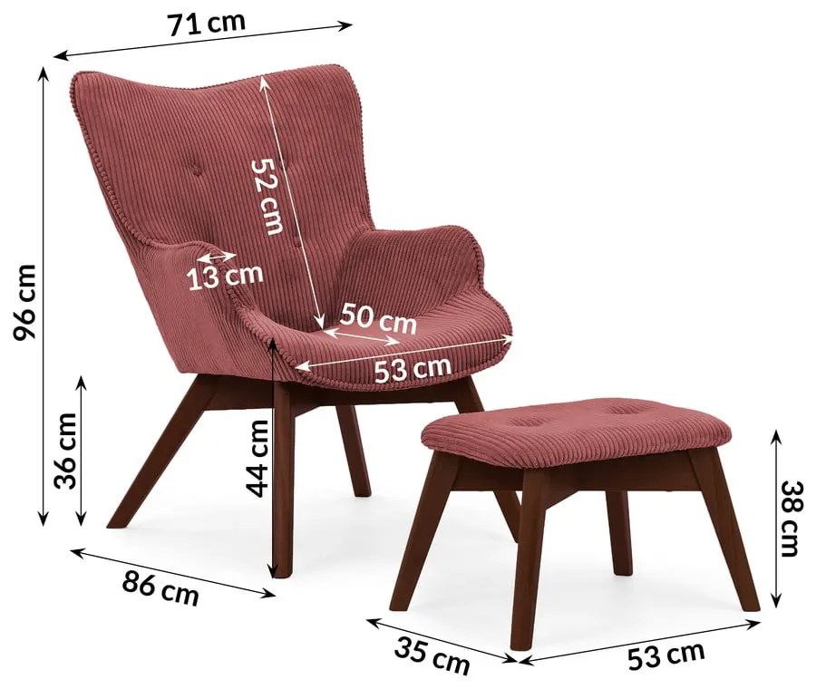 Poltrona con poggiapiedi rossa con rivestimento in velluto a coste Niko – Ropez