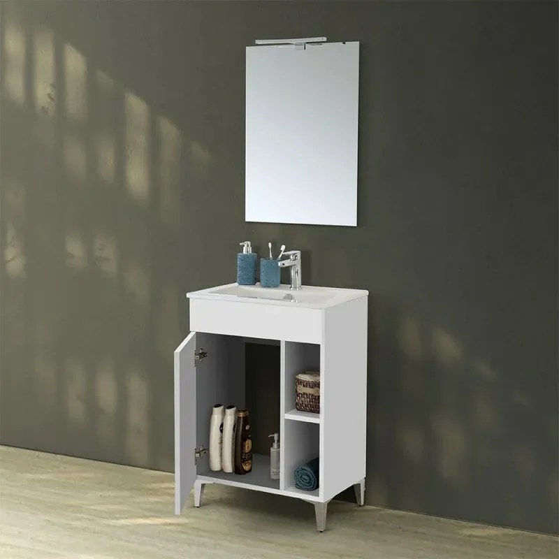Mobile bagno a terra 60 cm bianco lucido con 1 anta lavabo e specchio Martha