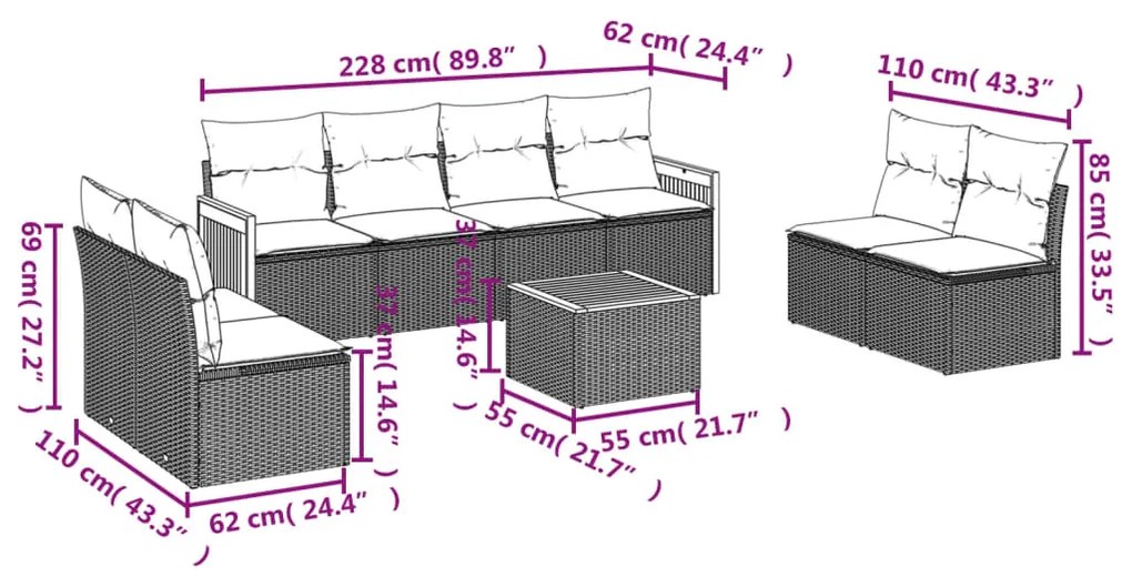 Set divani da giardino 9 pz con cuscini nero in polyrattan