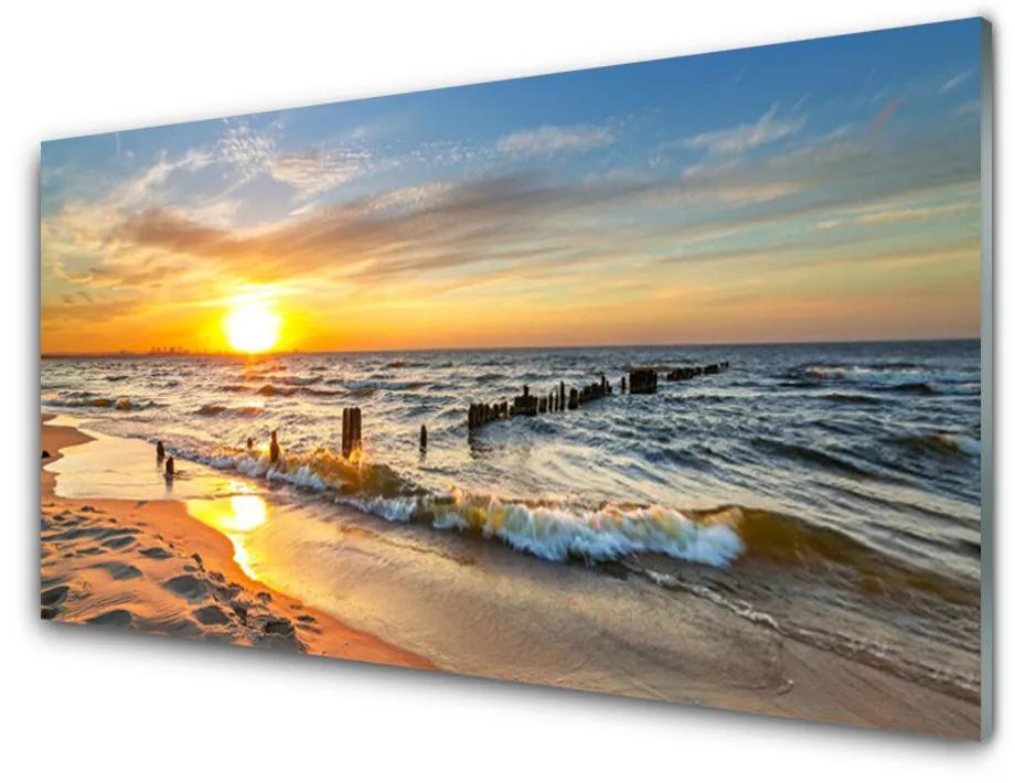 Quadro su vetro acrilico Spiaggia del mare al tramonto 100x50 cm
