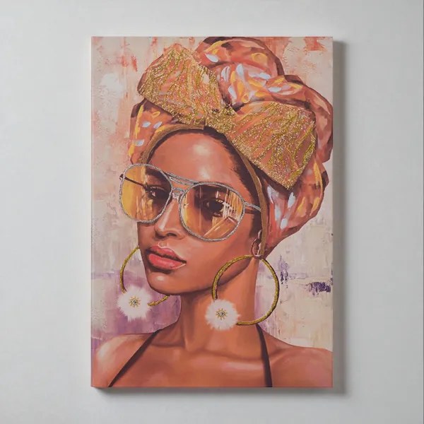 Quadro moderno verticale su tela 60x90 cm ritratto donna con decori in tessuto