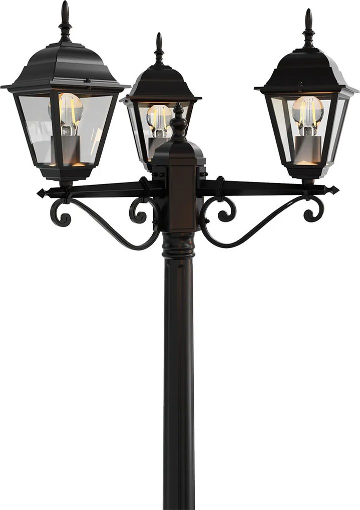 Lampione Storico con 3 Lanterne 200cm E27 IP54 Nero - Serie ALFIERI