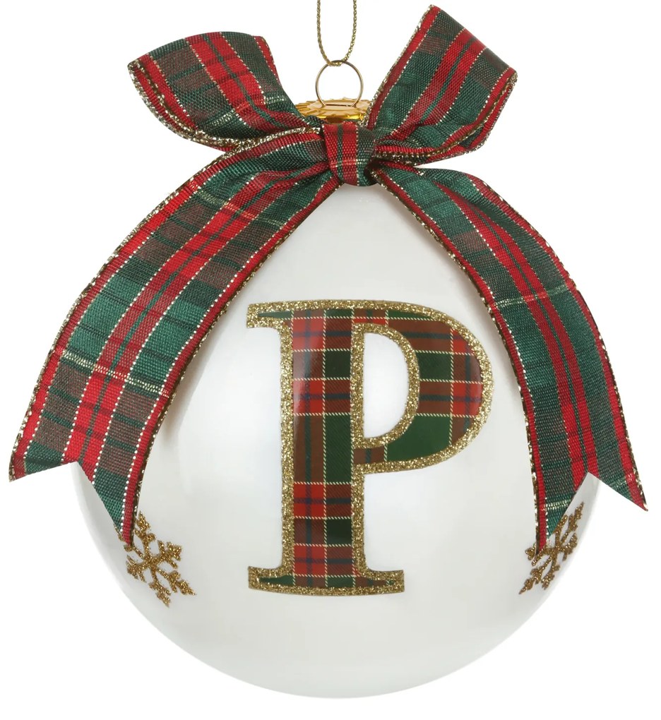 Pallina Natale lettera P tartan vetro 10 cm