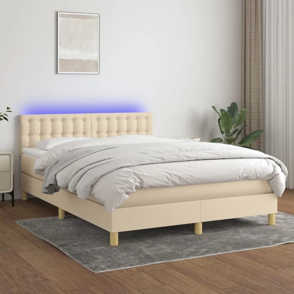 Letto A Molle Con Materasso E Led Crema 140x200 Cm İn Tessuto /