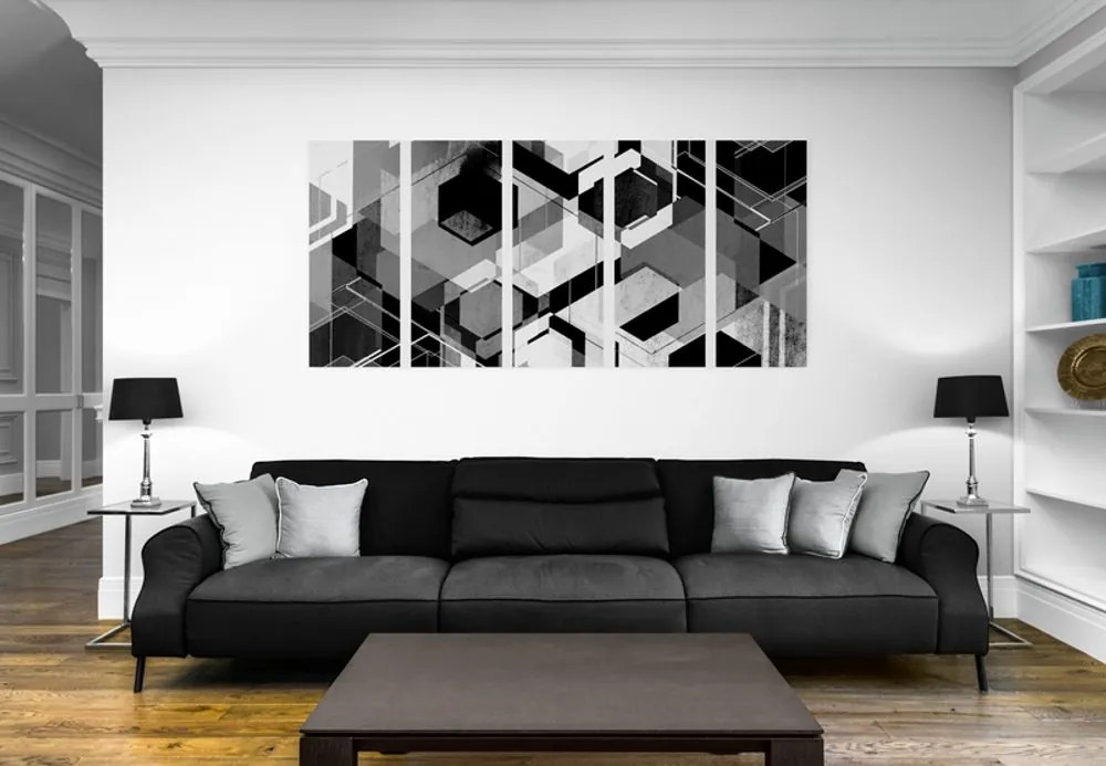 Quadri 5 pezzi – Geometria astratta in bianco e nero