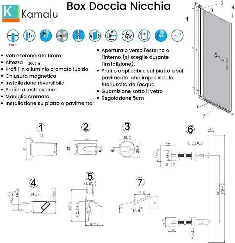 Kamalu - Box doccia porta battente nicchia 70cm vetro trasparente KS2800N