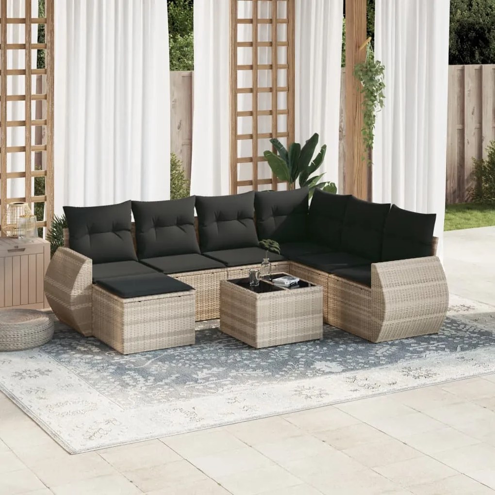 Set divano da giardino 8pz con cuscini grigio chiaro polyrattan