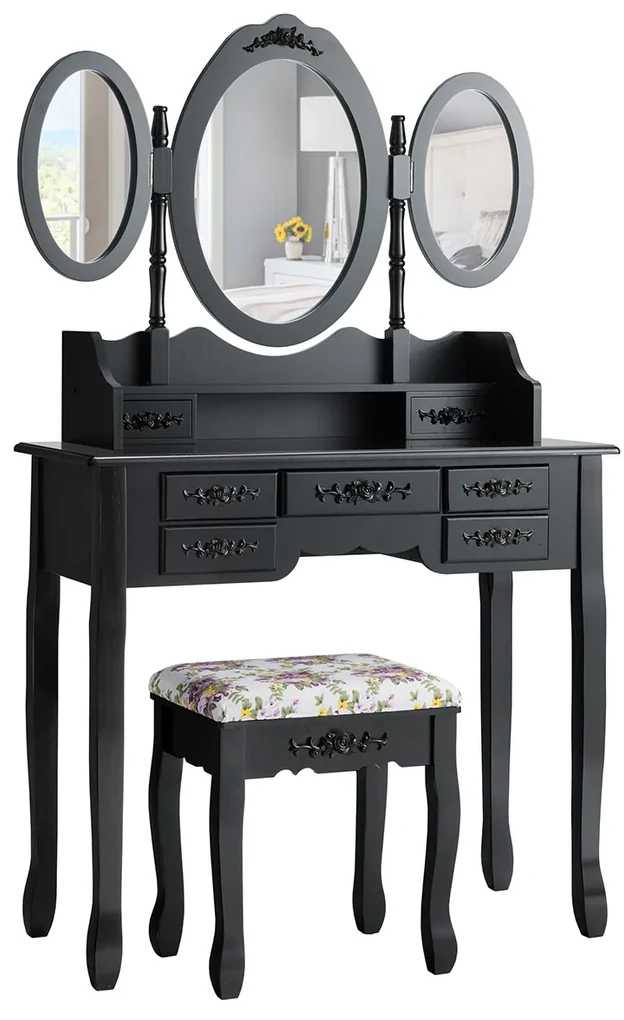 Costway Set toeletta di legno con specchio ovale girevole a 360°, Set  tavolo e sedia trucco per camera da letto Nero