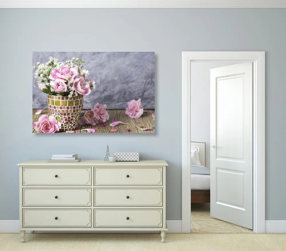 Quadro su tela – Fiori di garofano in vaso a mosaico