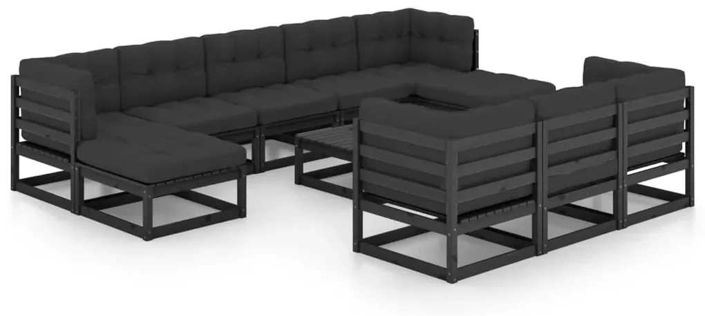 Set divani da giardino 11 pz con cuscini massello di pino nero