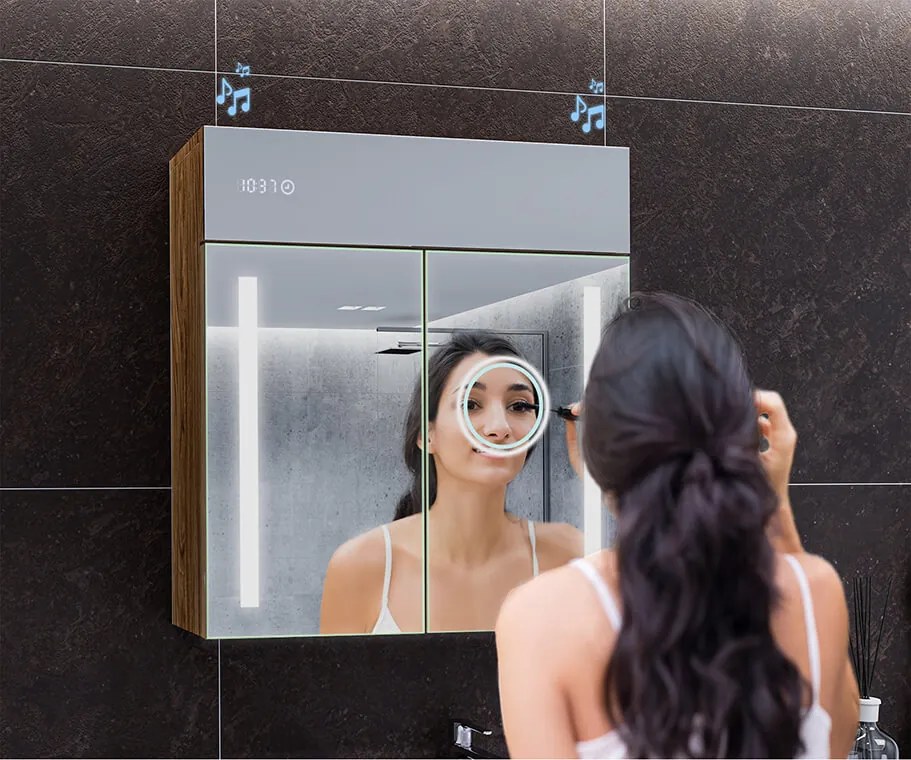 Mobile bagno con specchio LED illuminato - 66,5 x 72 cm con ripiani in vetro nel colore Rovere Oslo, in legno, di Artforma