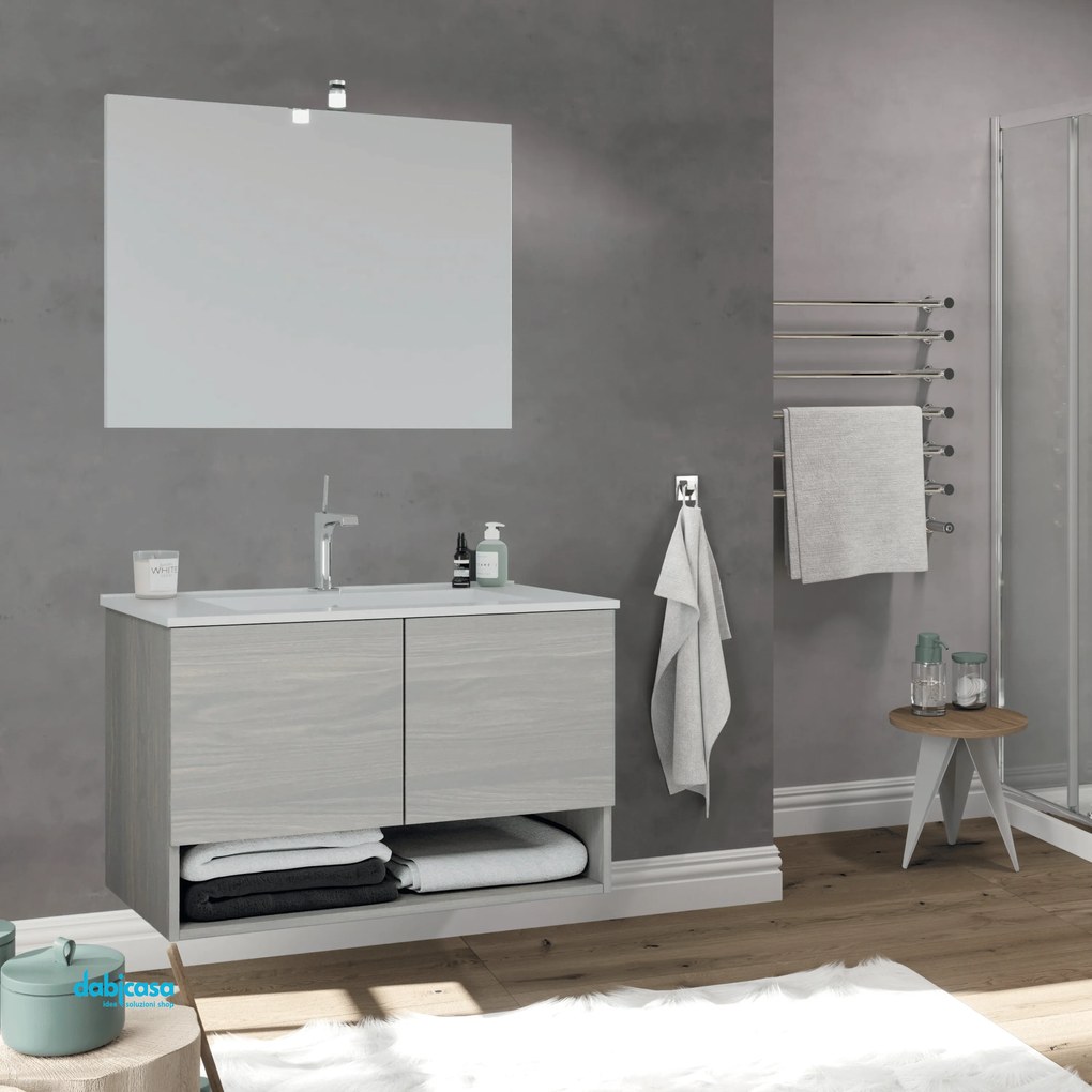 Mobile Bagno Sospeso "Oslo" Da 80 Cm C/Due Ante Ed Un Vano a Giorno In Finitura Rovere Grigio