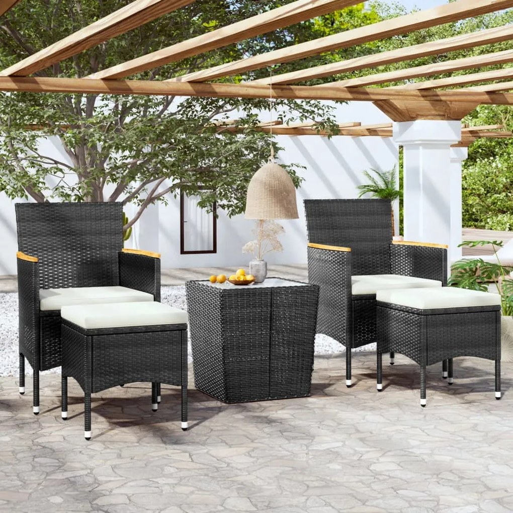 Set da bistrot per giardino 5pz polyrattan vetro temperato nero