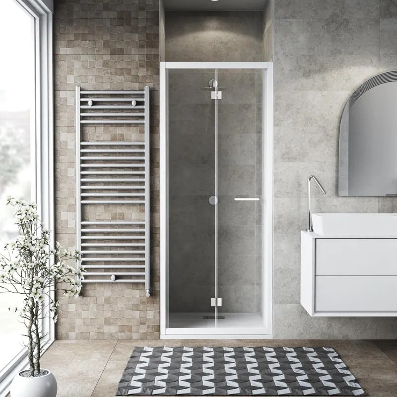 Porta doccia pieghevole L 72-76 cm x H 195 cm per nicchia in vetro trasparente SP. 6 mm, profilo opaco bianco, serie Record