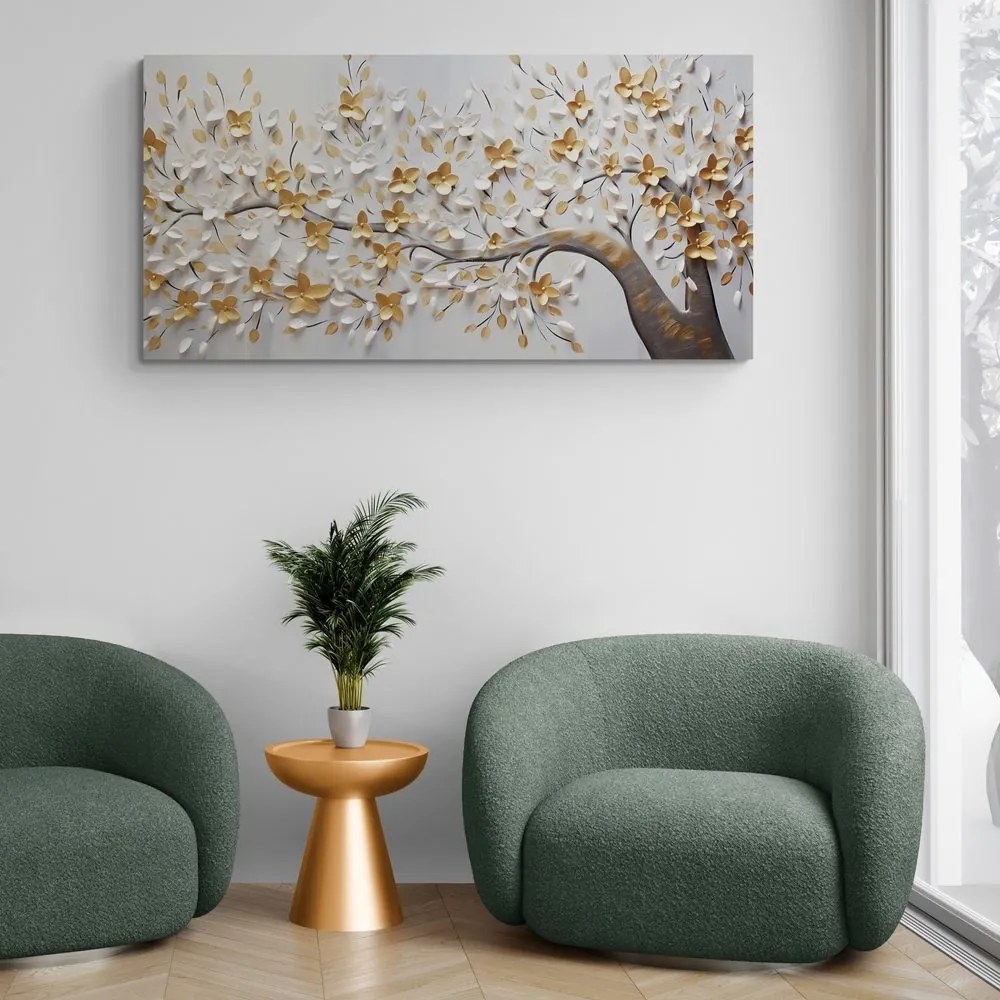 Stampa su tela – Albero con fiori bianco-dorati