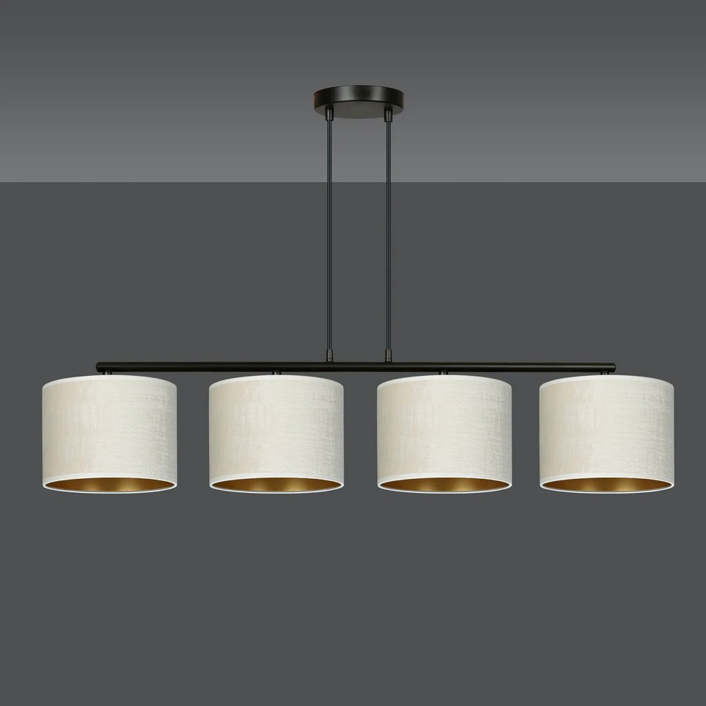 Lampadario 4 Luci Hilde In Acciaio Nero E Paralumi In Tessuto Beige