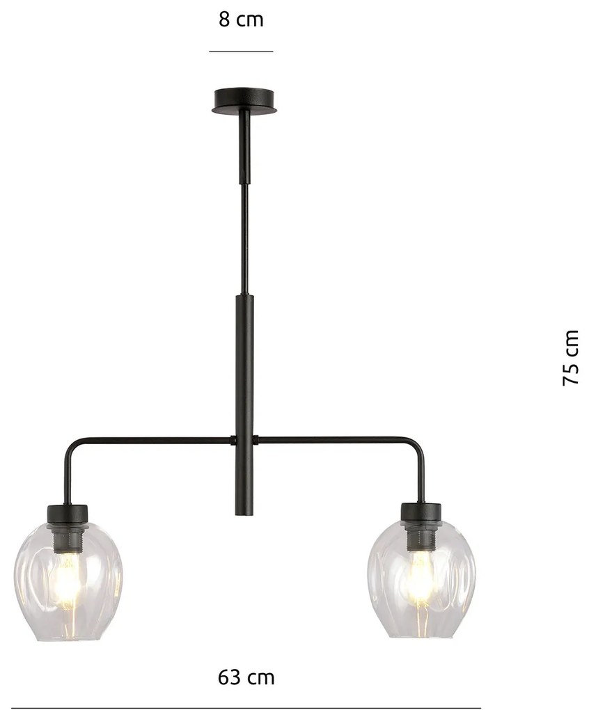 Lampadario Moderno 2 Luci Auriga In Accaio Nero E Vetro Trasparente