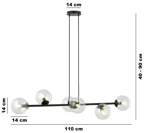 Lampadario a sospensione con filo ROSSI 6xE14/10W/230V nero/limpido
