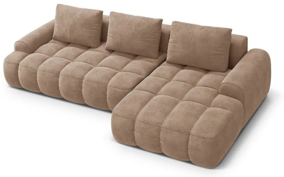 Divano angolare marrone chiaro allungabile/con contenitore (con penisola a destra/con chaise lounge) con rivestimento in velluto Linz – Cosmopolitan Design