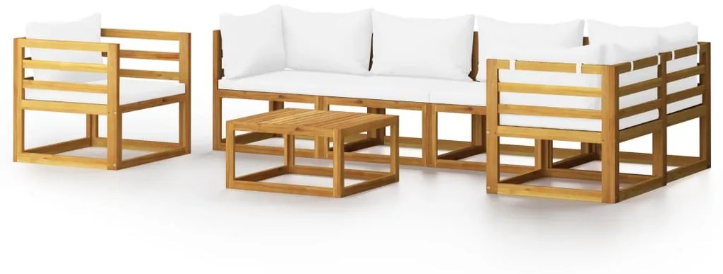 Set divani da giardino 7 pz con cuscini crema massello acacia