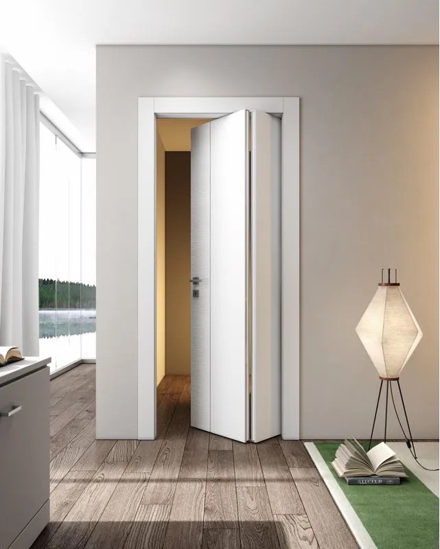 Porta interna pieghevole a libro asimmetrica Incanto V in legno di abete laccato colore bianco, L 70 x H 210 cm, apertura a destra