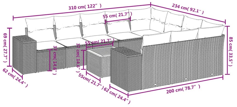 Set Divani da Giardino 11 pz con Cuscini in Polyrattan Nero