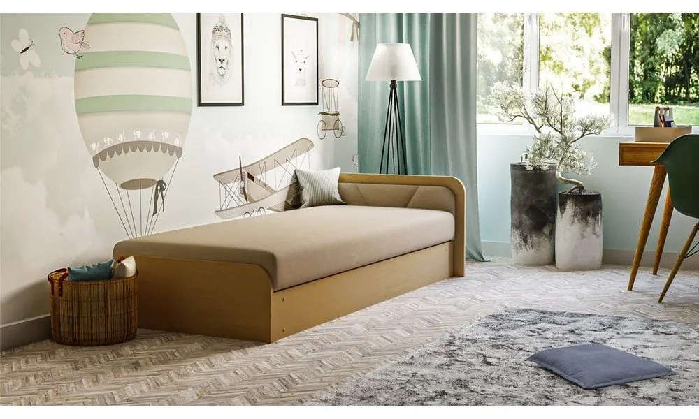 Letto singolo imbottito/in truciolato giallo ocra/beige con contenitore e materasso inclusi 80x190 cm Parys – ELTAP