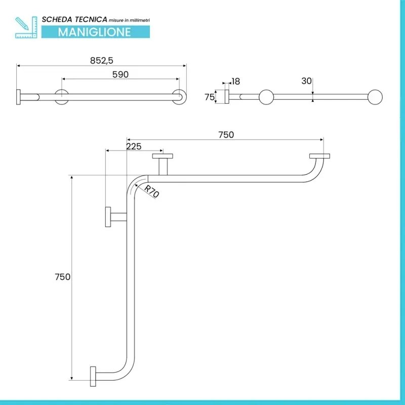 Maniglione di sicurezza ad angolo in acciaio 75x75 cm bianco