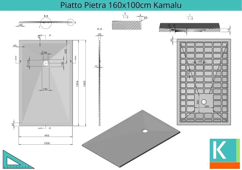 Piatto doccia 160x100 effetto pietra colore nero ardesia - KAMALU