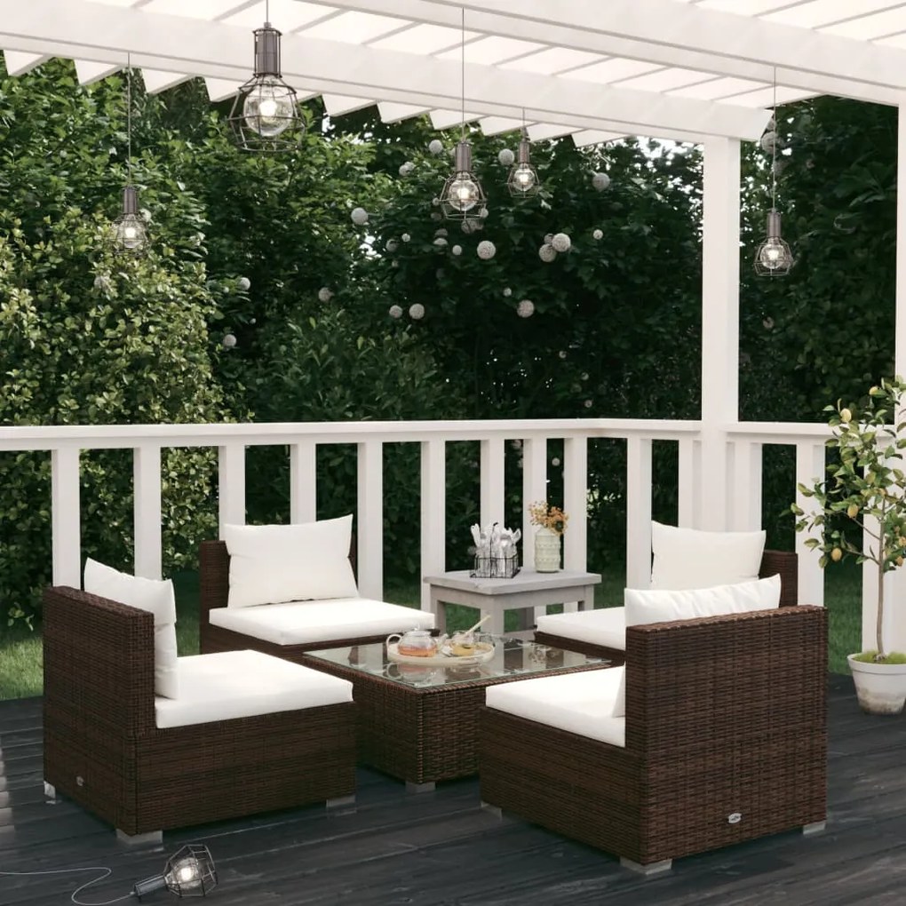 Set Divani da Giardino 5 pz con Cuscini in Polyrattan Marrone