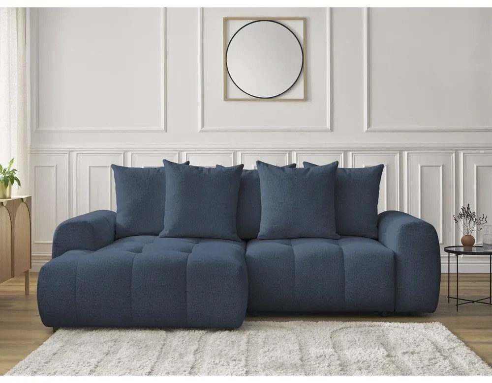 Divano angolare blu allungabile/con contenitore (con penisola a sinistra/con chaise lounge) con rivestimento in ciniglia Roxelane – Bobochic Paris