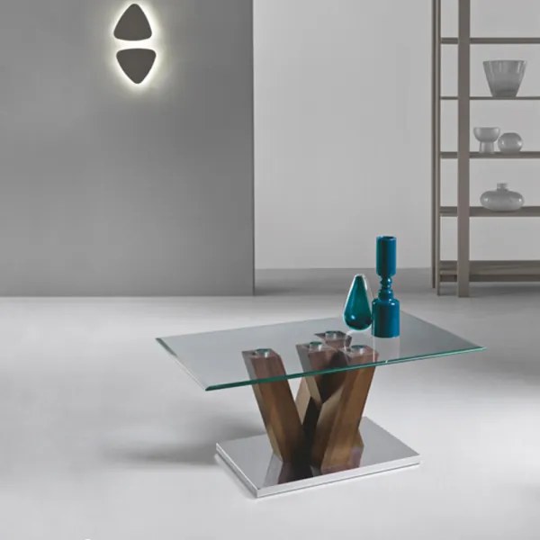 Tavolino da salotto in vetro con base legno teak - YURI