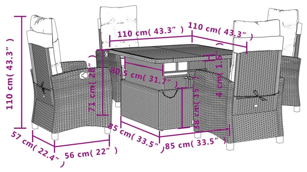 Set da Pranzo da Giardino 5 pz con Cuscini in Polyrattan Grigio