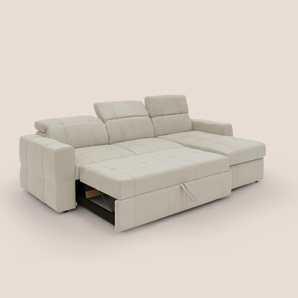 Kronos Divano angolare con pouf estraibile e penisola contenitore in microfibra impermeabile T11 panna