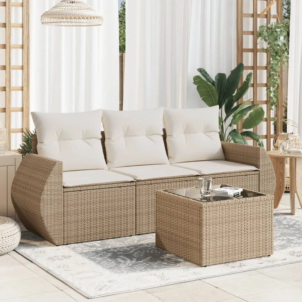 Set Divano da Giardino 4 pz con Cuscini Beige in Polyrattan